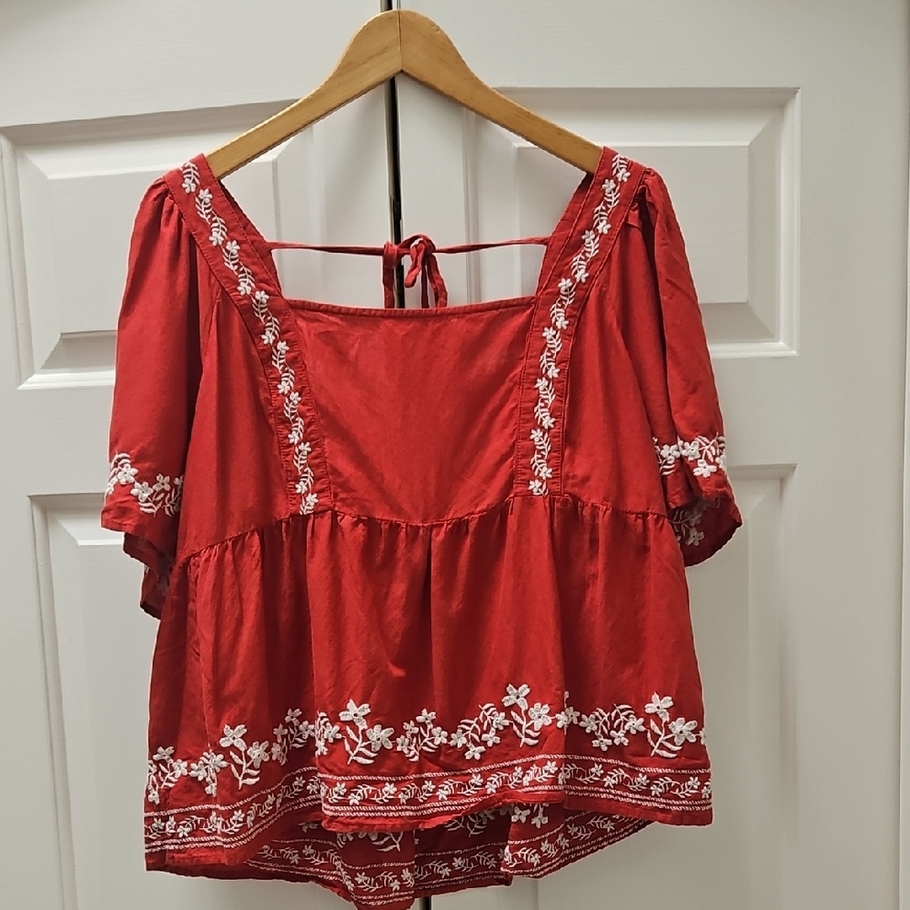 Old Navy Red Embroidered Square-Neck Peasant Top